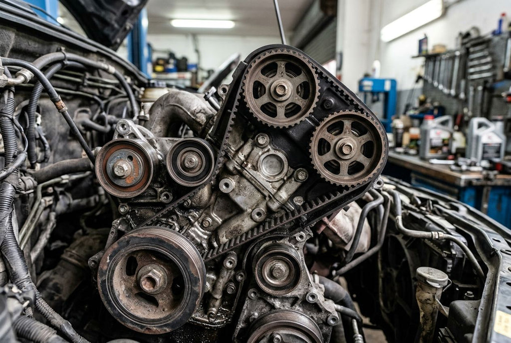 Distributieriem met tandwielen op de krukas en nokkenas, die de kleptiming van de motor synchroniseren