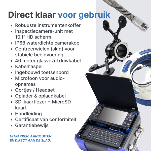 Webvision Professionele Inspectiecamera 40m – 28mm Pan & Tilt Camerakop – 360° Pan / 180° Tilt – 10.1" HD Monitor – 512Hz Rioolcamera