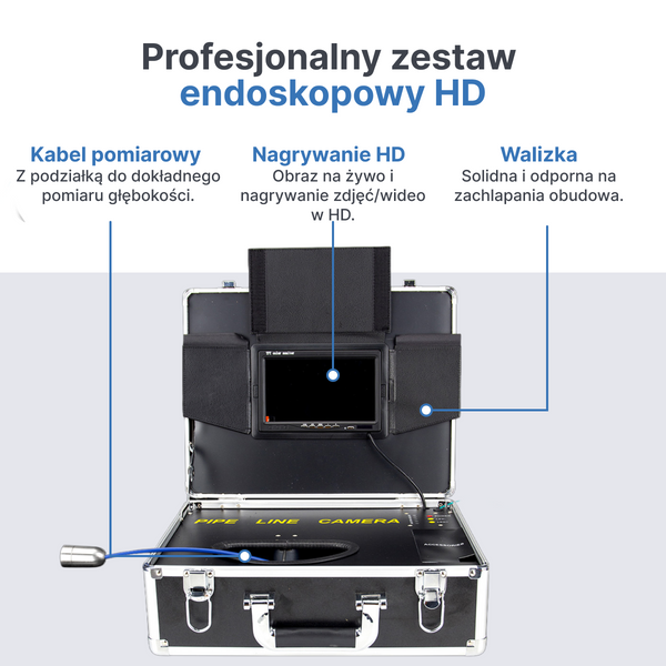Webvision Kamera Kanalizacyjna z Obiektywem FHD 25 mm – Kamera Inspekcyjna z Ekranem 7" – Opcje Przewodu: 20 m, 30 m, 40 m – IP68