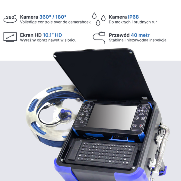 Webvision Profesjonalna Kamera Inspekcyjna 40 m – Głowica Pan & Tilt 28 mm – Obrót 360° / Pochylenie 180° – Monitor HD 10,1" – Kamera Kanalizacyjna 512 Hz