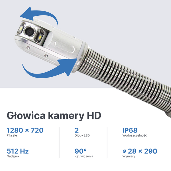 Webvision Profesjonalna Kamera Inspekcyjna 40 m – Głowica Pan & Tilt 28 mm – Obrót 360° / Pochylenie 180° – Monitor HD 10,1" – Kamera Kanalizacyjna 512 Hz