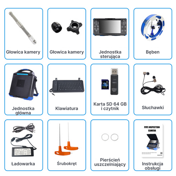 Webvision Profesjonalna Kamera Inspekcyjna 40 m – Głowica Pan & Tilt 28 mm – Obrót 360° / Pochylenie 180° – Monitor HD 10,1" – Kamera Kanalizacyjna 512 Hz