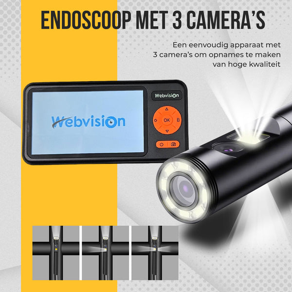 Endoscoop Camera Met Triple 8mm Lens - Inspectie Camera met 3 Camera's, FHD, 5.0"Scherm, IP68