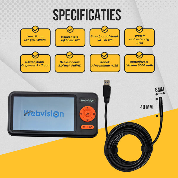 Endoscoop Camera Met Triple 8mm Lens - Inspectie Camera met 3 Camera's, FHD, 5.0"Scherm, IP68