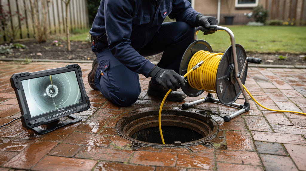 Loodgieter voert de kabel van een rioolcamera in een inspectieput in een achtertuin