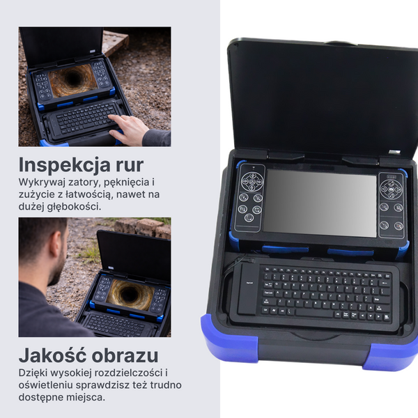 Webvision Profesjonalna Kamera Inspekcyjna 40 m – Głowica Pan & Tilt 28 mm – Obrót 360° / Pochylenie 180° – Monitor HD 10,1" – Kamera Kanalizacyjna 512 Hz