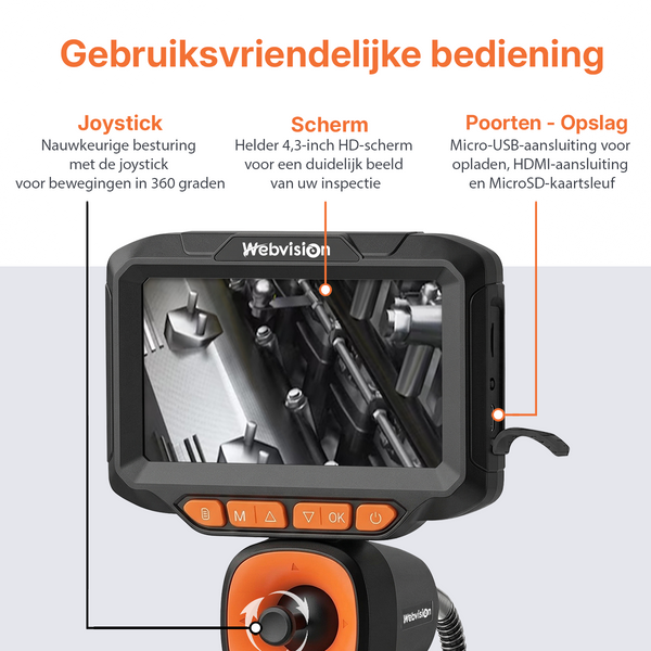 Webvision Endoscoop Inspectie Camera - 6mm Lens - 720° Beweegbare kop - 2 Meter kabel- IP68 - SD Kaart