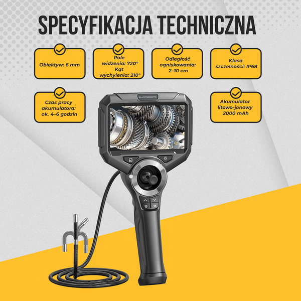 Webvision Kamera Endoskopowa – Obiektyw 6 mm – Głowica Sterowana 720° – Ekran IPS 5,0" – IP68 – Karta SD